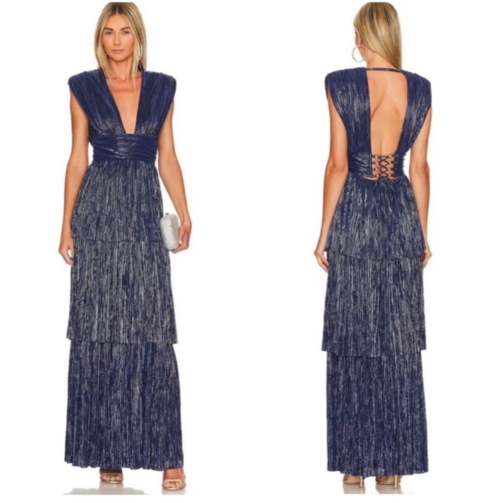 Sabina Musayev Judith Open Back Tiered Maxi Dress Gown Blue Large Formal Party